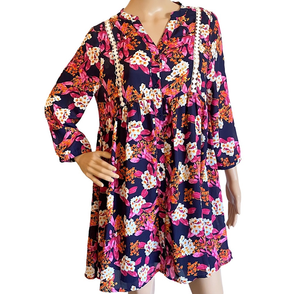 ENTRO  | BOHO FLORAL RUFFLE BUTTON DOWN DRESS  SZ S